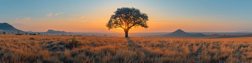 A peaceful valley at sunset, a solitary tree silhouetted against the evening sky. - obrazy, fototapety, plakaty