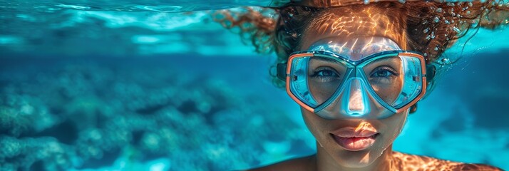 Curly-haired woman enjoys underwater fun with scuba gear in clear turquoise waters.