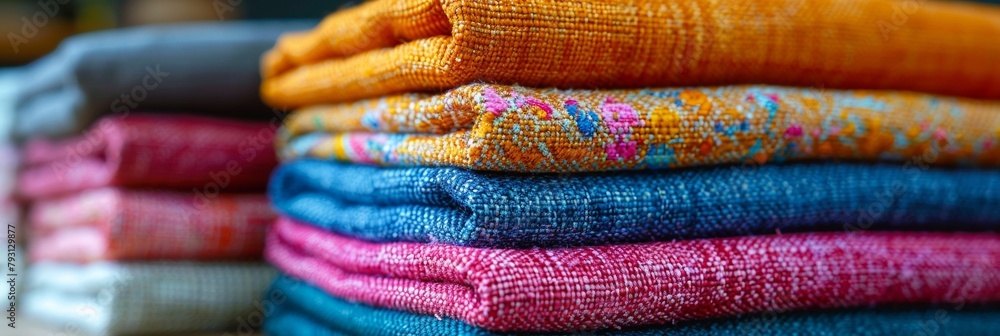 Poster A colorful array of textiles displayed in a retail setting, featuring various patterns and textures.