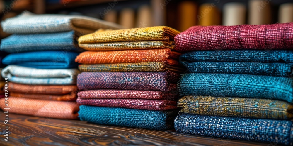 Poster a vibrant array of folded fabrics in various colors and patterns at a textile shop.