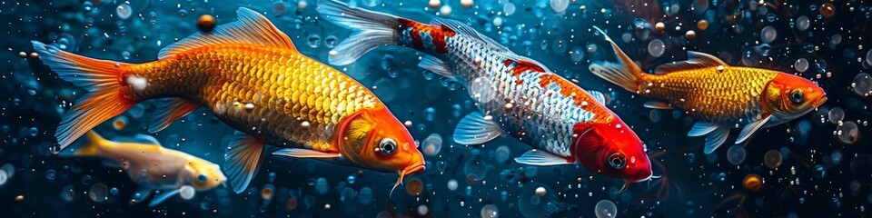 In a vibrant underwater scene, colorful fishes swim gracefully amidst bubbles in a freshwater pond. - 793129815