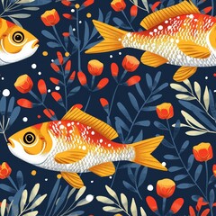 A decorative seamless pattern featuring wild exotic fishes amidst underwater plants and coral. - 793129817