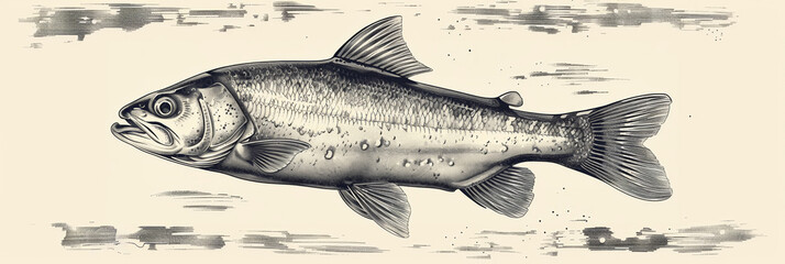 A vintage graphic illustration of a silver salmon swimming gracefully in the ocean depths.