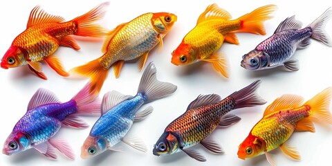 An arrangement of various exotic, glossy colourful goldfish swimming. - 793129822