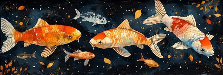 In the vibrant glow of the night, koi fish gracefully swim in the underwater world of a tranquil pond.