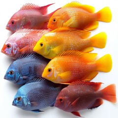 A bright and colorful pile of freshwater cichlid fish on a white background in an aquarium setting. - 793129842