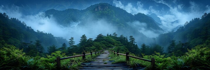 A foggy morning in the mountains with lush forests, wooden bridge, and misty valley. - obrazy, fototapety, plakaty