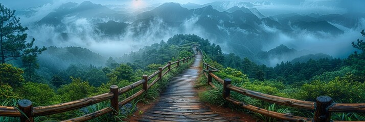 A mist-covered mountain landscape with a wooden footpath, lush forest, and serene ambiance.