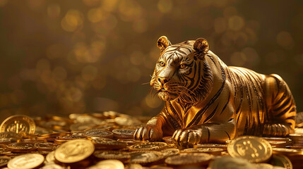 tigre de ouro, em cima de moedas de ouro