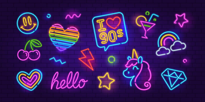 Fashion Neon Sign set 5 on brick wall background. Editable neon icons set of Ranbow Heart sign, Unicorn, Cherry, cocktail, etc. I Iove 90s Neon night sign, a glowing light banner club or bar party