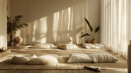 A serene meditation corner with minimalist floor cushions and soothing decor; fostering mindfulness and relaxation in a tranquil setting. 