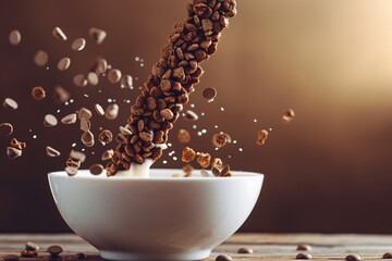 Cereal pouring into milk, dynamic splash, warm backdrop