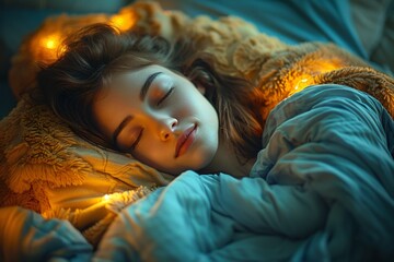 Woman sleeping with string lights, golden hue, cozy atmosphere with peaceful expression