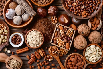 Top view of various nuts, cocoa, oats, and spices arranged in wooden bowls on dark surface - Powered by Adobe