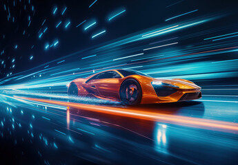the futuristic elan concept car driving along a city road at night time, in the style of vray tracing. Motion blur. Sport car
