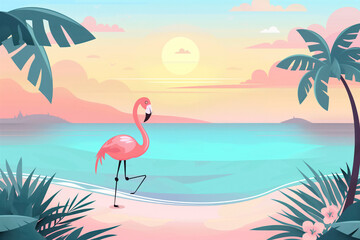 Illustration of tropical exotic beach with flamingos. Travel and vacation concept.