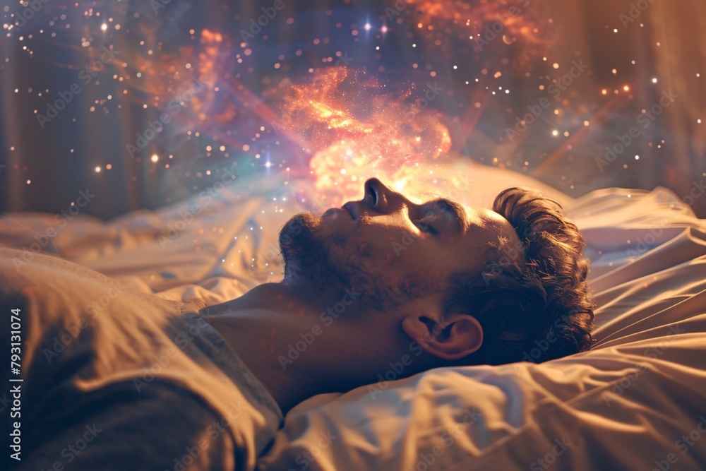 Canvas Prints close-up of a dreaming man with sparkling stardust and galactic clouds emanating from his head