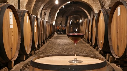 Close-up of Glass of wine on hungarian underground oak wine barrels. Wine cellar in Tokaj, Hungary. Oak barrels basement 