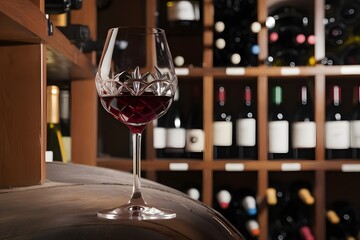 Close-up of Glass of wine on hungarian underground oak wine barrels. Wine cellar in Tokaj, Hungary. Oak barrels basement 