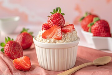 Oatmeal topped with sliced strawberries in white bowl against soft pink background with whole strawberries