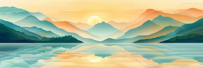 Pointillist Landscape with Mountains and a Light Blue Lake for Modern Wallpaper - obrazy, fototapety, plakaty