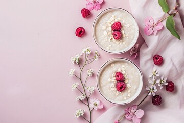 Two bowls of porridge with raspberries and oats, cherry blossoms on pink textured backdrop mockup