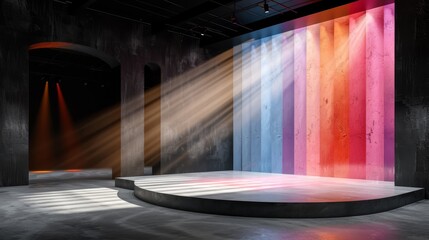   A stage adorned with a rainbow-hued curtain, illuminated from above and below by soft beams of light