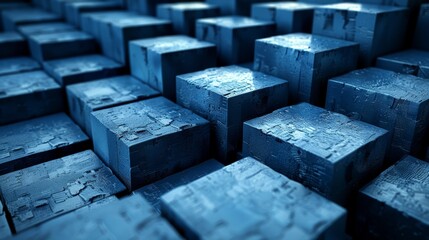   A set of wooden blocks aligns beside a dark blue wood panel