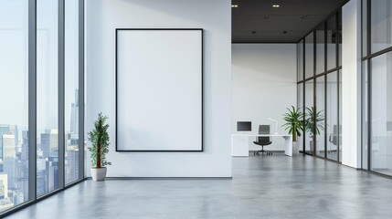 A large white wall with a black frame and a large empty space. The room is empty and has a modern feel