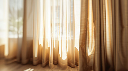 full curtains in an apartment light-colored room with subtle pops of color depth of field background. Earth-natural colors subtle pops of color high-contrasting feminine natural materials home design