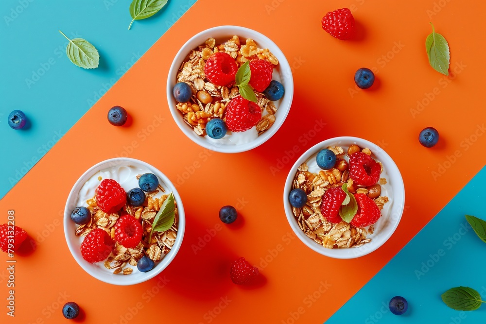 Wall mural Vibrant bowl of oatmeal garnished with kiwi, mango, blueberries, raspberries on two tone orange and blue background - Wall murals
