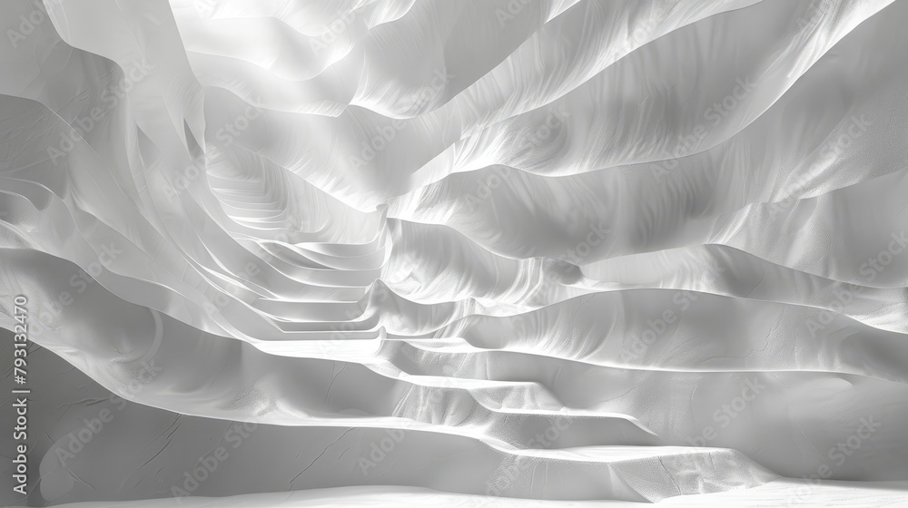 Poster a monochrome image of a textured wall, composed of undulating waves in white, illuminated by sunligh