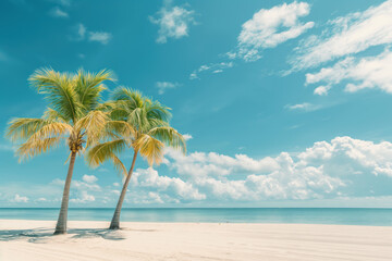 Amazing tropical beach with palm trees. Hot sunny summer day and with blue sky. Summer vacation and travel concept.