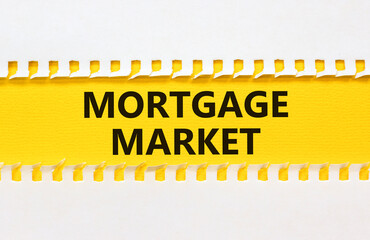 Mortgage market symbol. Concept words Mortgage market on beautiful yellow paper. Beautiful white paper background. Business mortgage market concept. Copy space.
