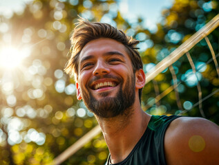 Man smiling while playing volleyball - obrazy, fototapety, plakaty