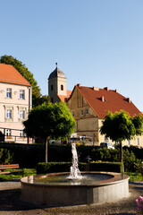 Fototapeta na wymiar Town hall of Srebrna Gora - Poland. The main fountain of the city
