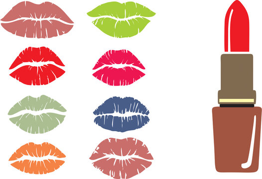 Woman lips lipstick and kiss prints. Seamless pattern colorful lipstick kiss on white background. Cosmetic industry marketing poster or flyer idea. High quality images for media and web.