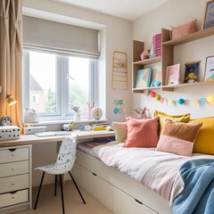 Cheerful teen room with window, bright cushions, and colorful decorations
