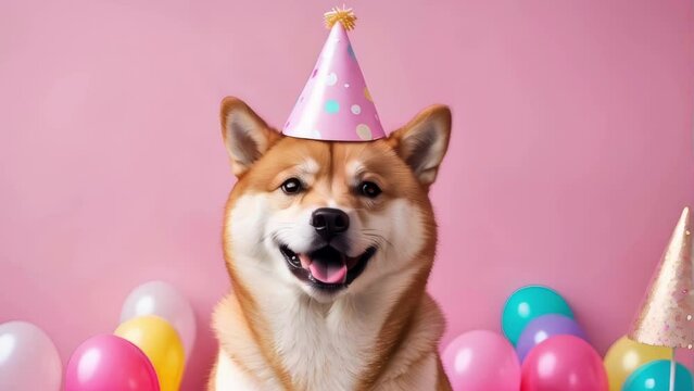Happy shiba inu dog wearing a party hat celebrating a birthday party on pink background