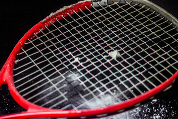 Nylon strings of a tennis racket against a background of white powder close-up