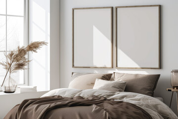 Mockup of two posters in a sunny minimalist bedroom