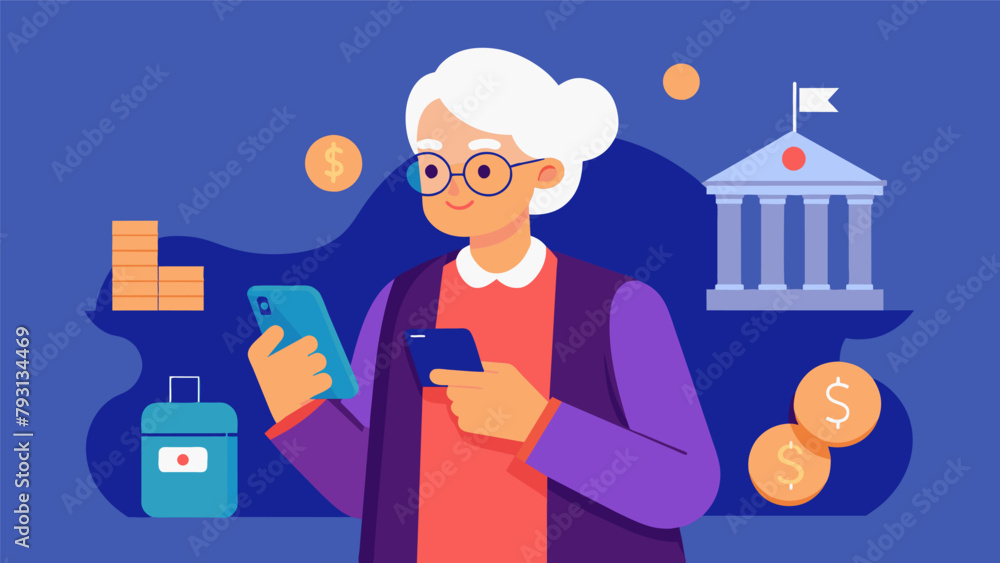 Poster an elderly person using a mobile banking app to easily access their retirement savings and make with