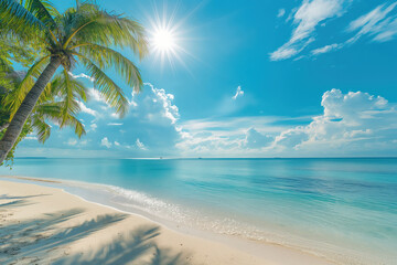 Amazing tropical beach with palm trees. Hot sunny summer day and with blue sky. Summer vacation and travel concept.