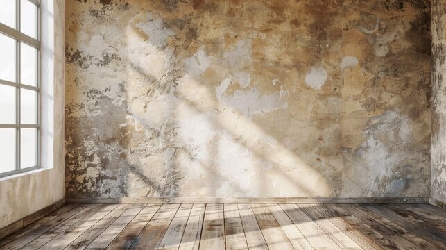 A large empty room with a window and a wall. The room is bare and empty, with no furniture or decorations. The wall is covered in peeling paint and the floor is made of wood
