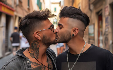Naklejka premium Gay male couple kissing each other. LGTBT concept.