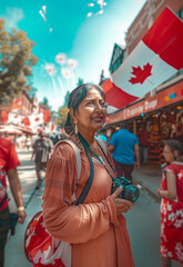 Canada Day joy: A woman captures the festive spirit with a vintage camera.