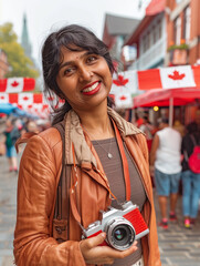 Canada Day joy: A woman captures the festive spirit with a vintage camera.