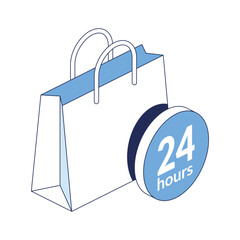 Shopping bag 24 hours. Vector 3d line isometric, color web icons, new flat style. Creative design idea for infographics.