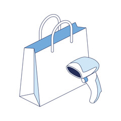 Shopping bag barcode scanner. Vector 3d line isometric, color web icons, new flat style. Creative design idea for infographics.