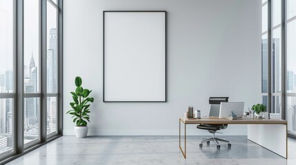 A large white framed picture hangs on the wall of a clean, modern office. The room is sparsely furnished with a desk, a chair, and a potted plant. The open windows let in natural light